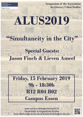 Poster informing about the 2019 ALUS Symposium Simultaneity in the City at the University of Duisburg-Essen in February 2019