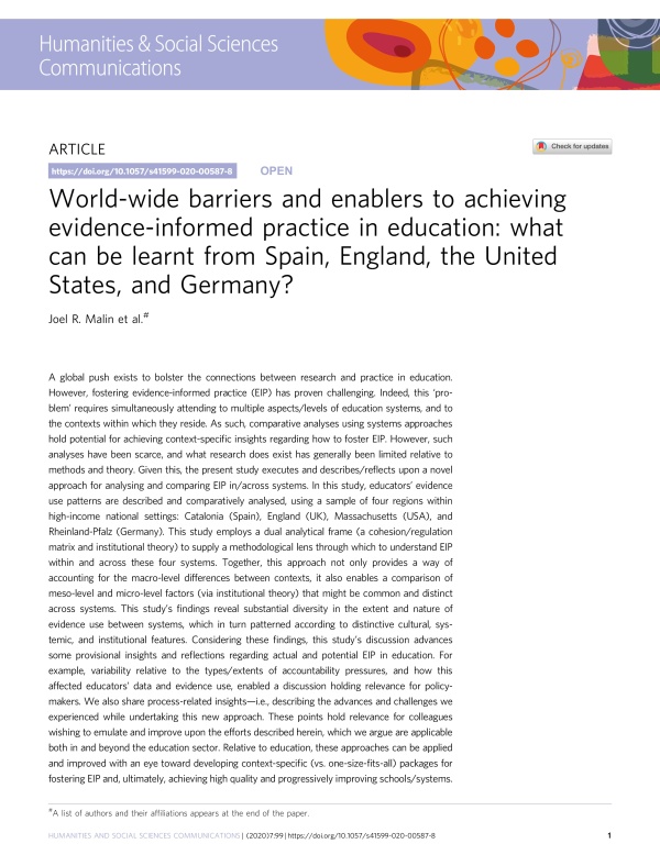 Zeitschriftencover: World-wide barriers and enablers to achieving evidence-informed practice in education