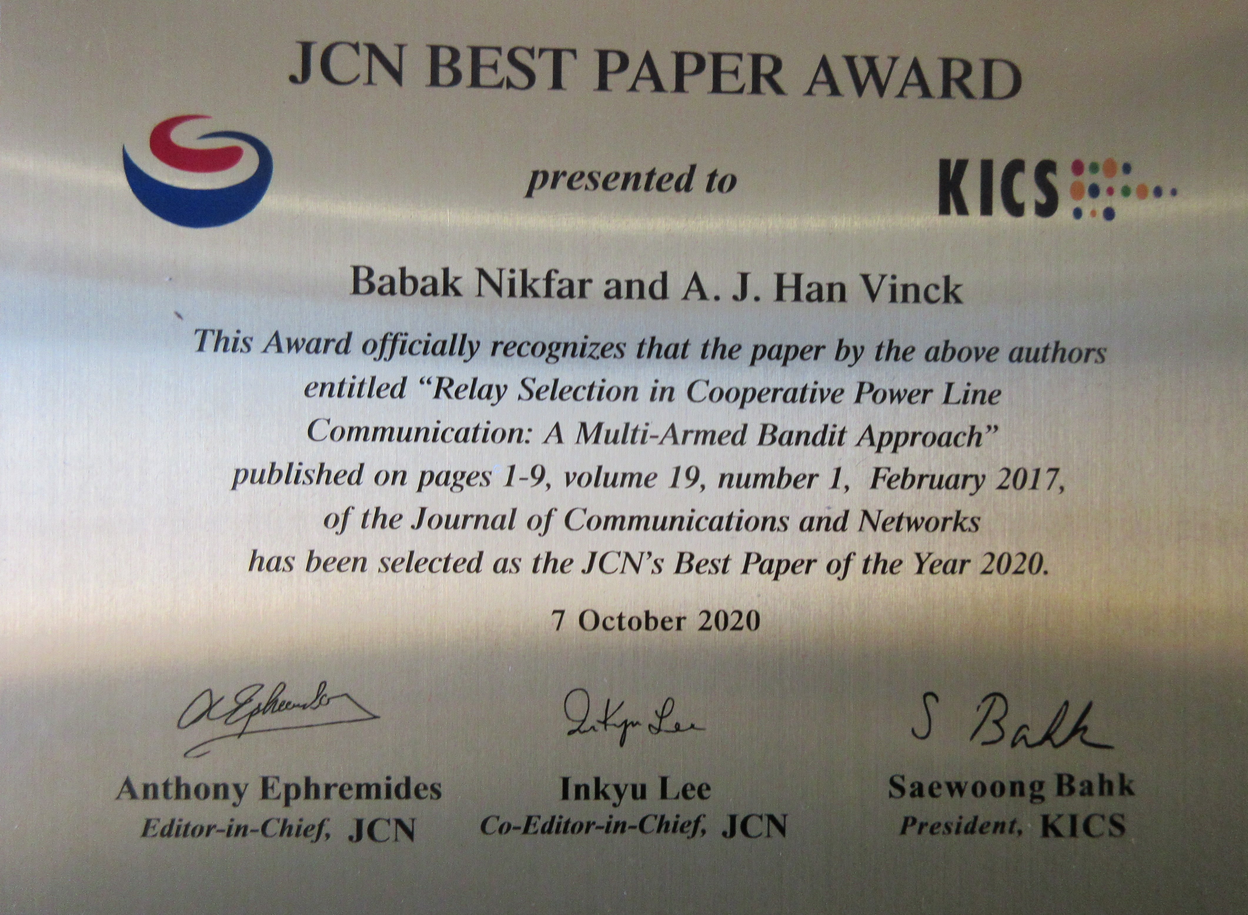 Paper Award With Babak Nikfar