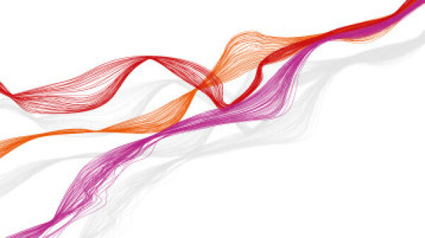 Drei bunte Stränge in den Farben rot, organge und rosa (Farben von oben nach unten betrachtet) verweben sich ineinander. 