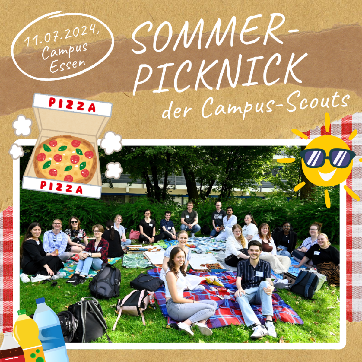 Die Campus-Scouts sitzen auf der Liegewiese am Campus Essen.