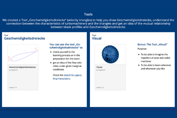 Tool "Geschwindigkeitsdreiecke" und Tool "Visual" auf der Webseite "Tools & Nützliches" des Lehrstuhls für Strömungsmaschinen