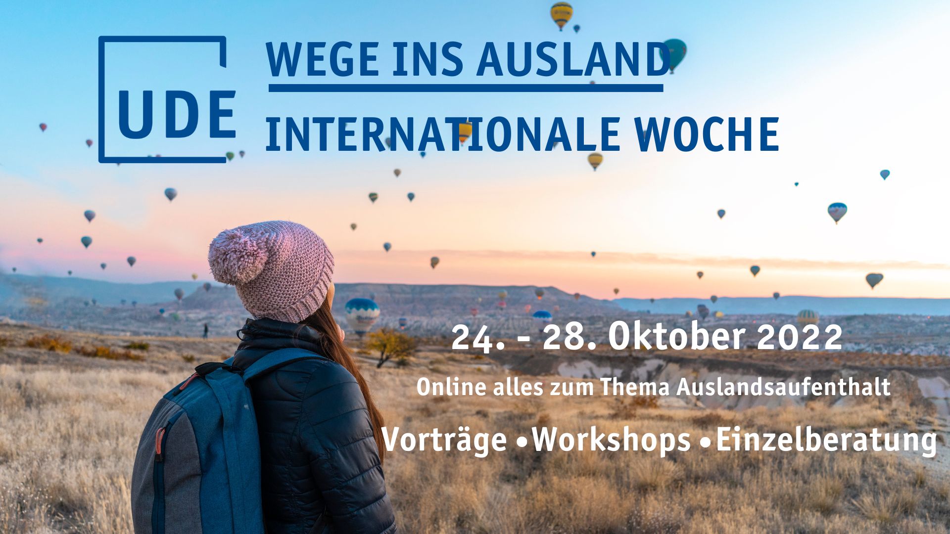 Veranstaltungsflyer. Text: Wege ins Ausland, Internationale Woche, 24.-28. Oktober, Online alles zum Auslandsaufenthalt 