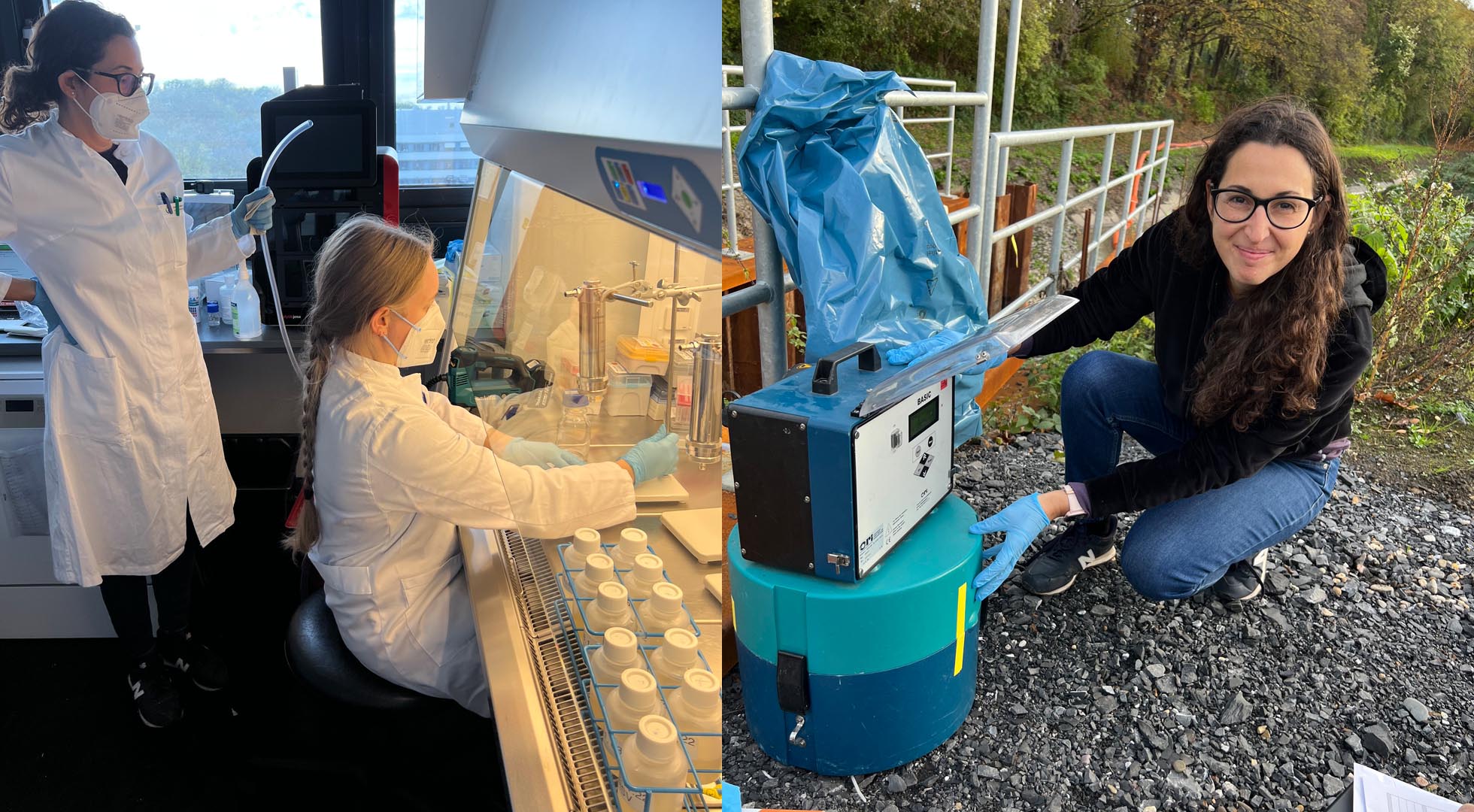 Zwei Bilder. Links Analyse von Gewässerproben im Labor, rechts eine Wissenschaftlerin bei der Entnahme von Gewässerproben.