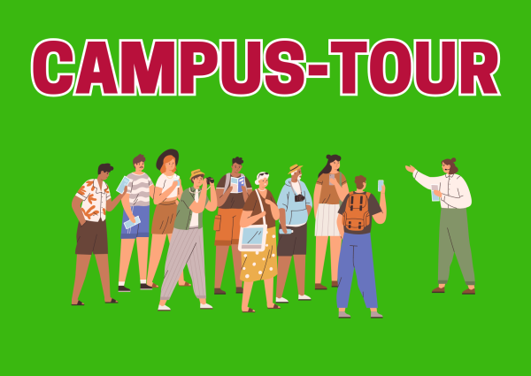 Bild mit einer Gruppe von Menschen, die an einer Führung teilnehmen. Oben auf dem Bild steht Campus-Tour.