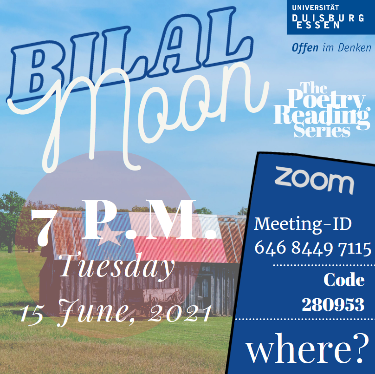 Poster announcing the poetry reading series of the american studys program starting in summer 2021.