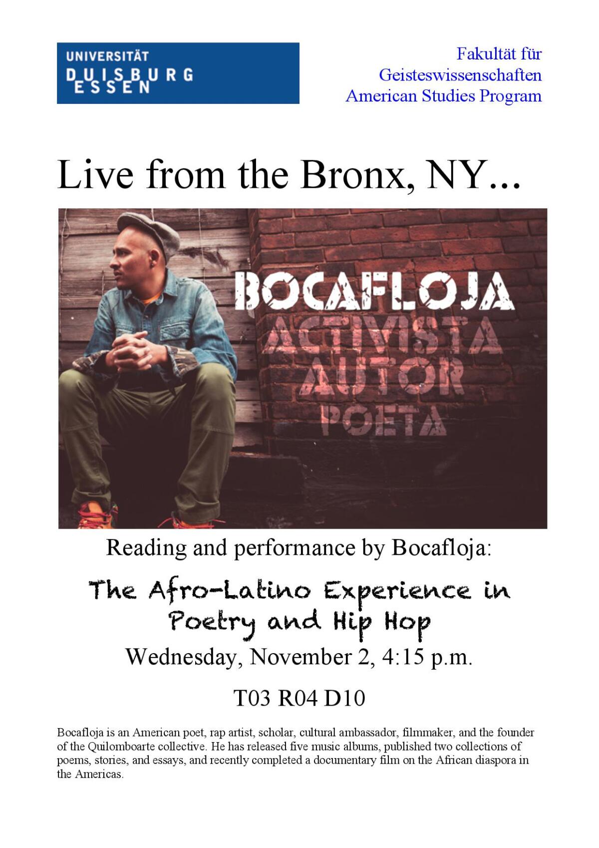 Plakat zur Ankündigung der Veranstaltung von Bocafloja am 2.11.2016 an der Universität Duisburg-Essen.