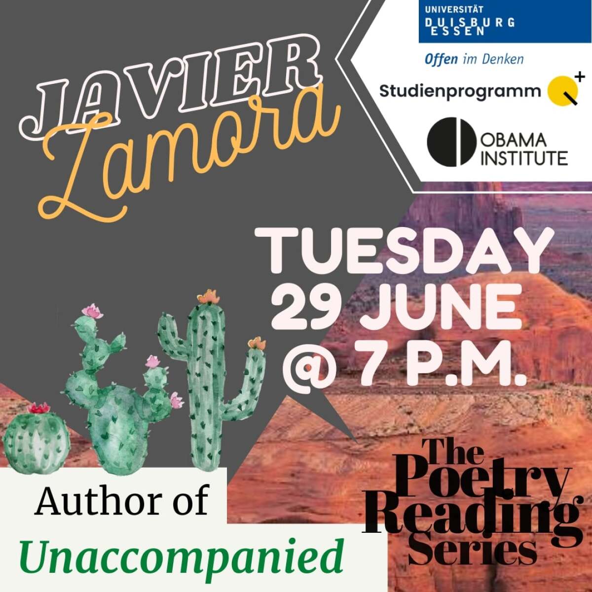 Poster zur Ankündigung eines Gastvortrags Javier Zamora am 29. Juni 2021.