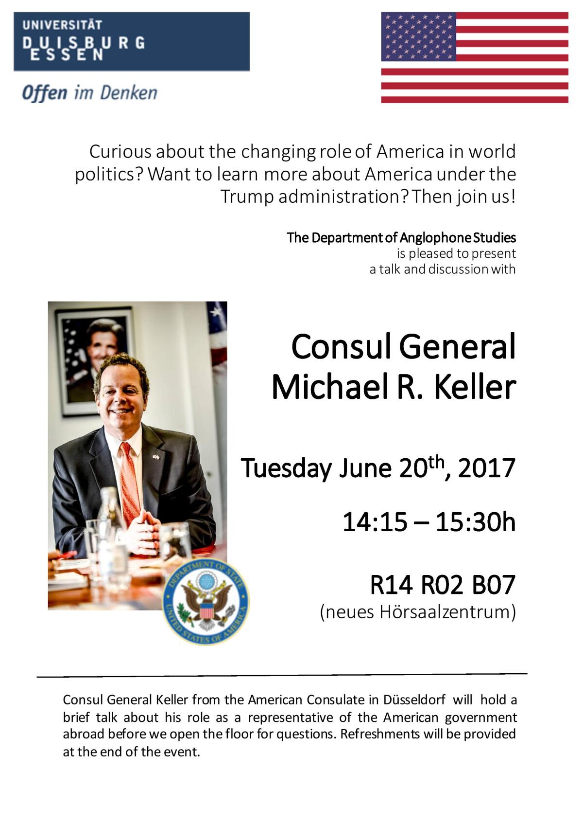 Bild der Veranstaltungsankündigung eines Gastvortrags mit Diskussion des amerikanischen Generalkonsuls Michael R. Keller im Juni 2017.