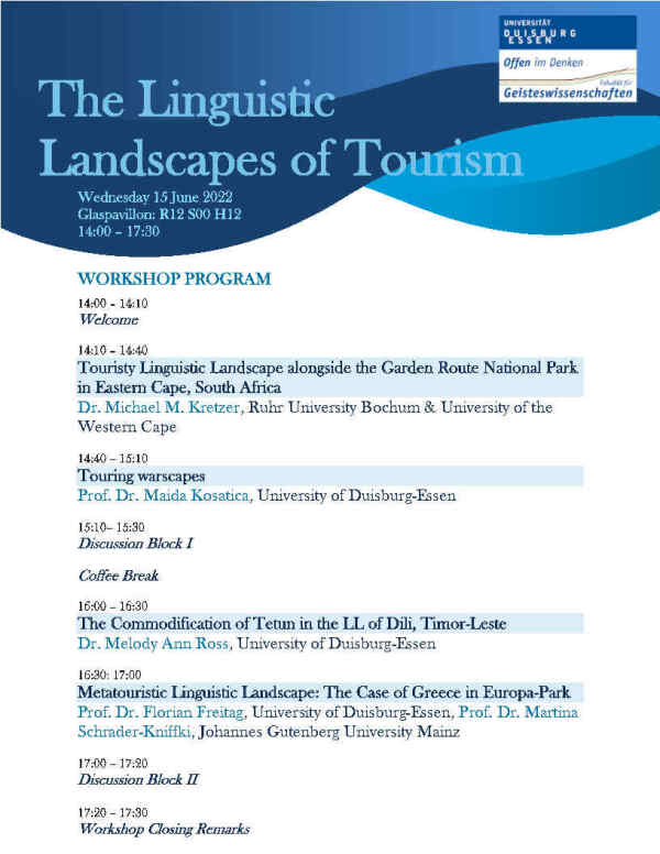 Small picture of the announcement for the Linguistic Landscapes of Tourism Event on June 15 2022.