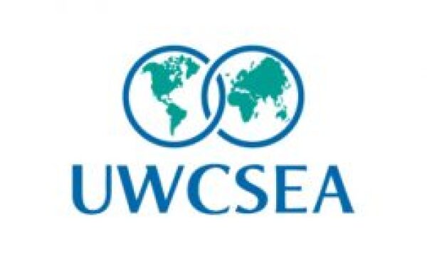 The picture shows the logo of United World College South East Asia joining the two halves of the globe above the letters UWCSEA.