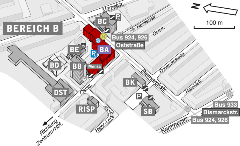 Lageplan des B-Bereichs der UDE mit markiertem Gebäudeteil BA