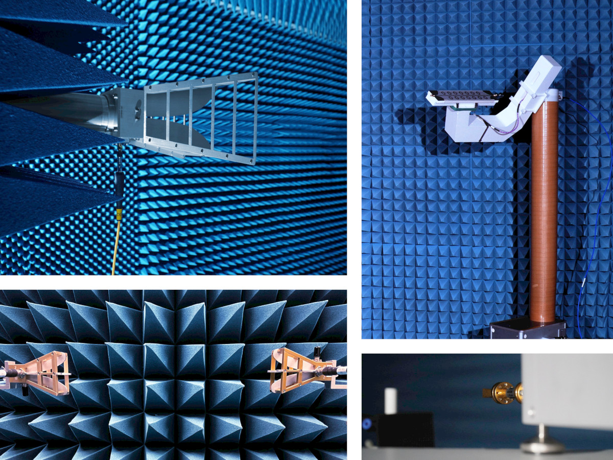 Foto-collage diverser Antennenmessungen in einem wellentoten Raum mit Absorberwänden