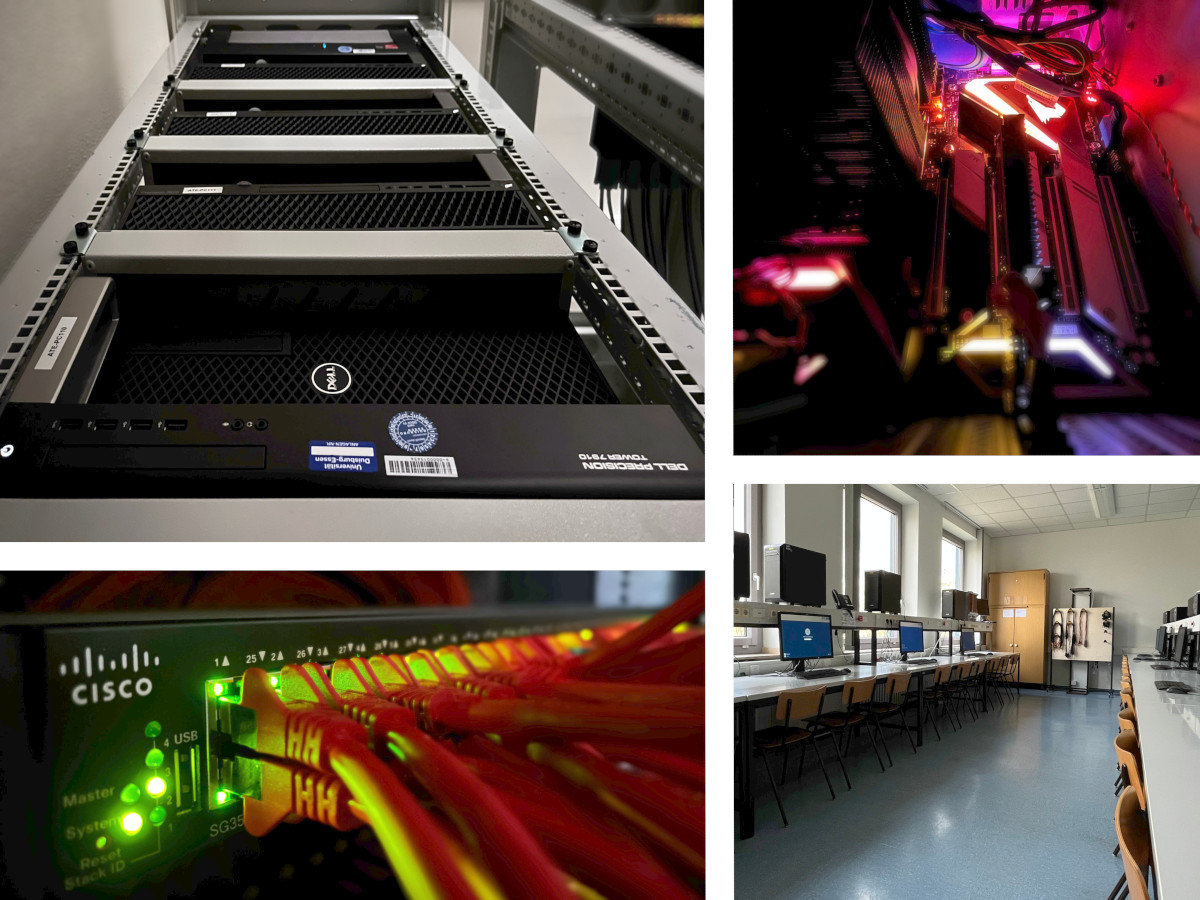 Foto-Collage von Serversystemen in Racks und Bilder eines PC-Raums