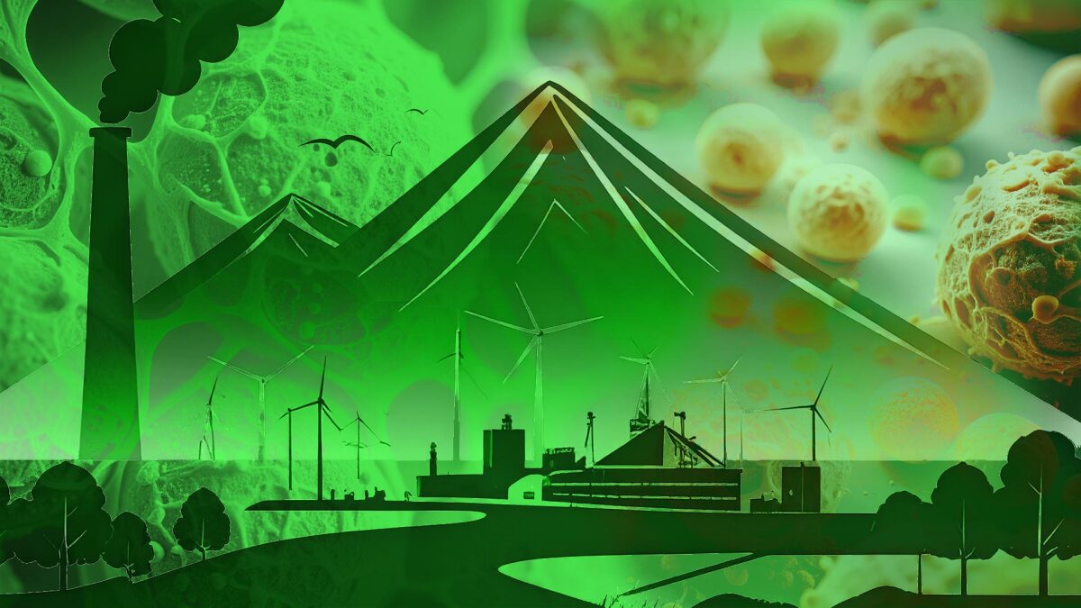 Image collage in green and black symbolizes environmental pollution in our environment from a macro and micro perspective, edited AI-generated image
