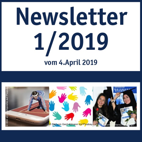 Collage von Bilder des aktuellen Newsletters, darüber die Schrift: Newsletter 1/2019 vom 4. April 2019