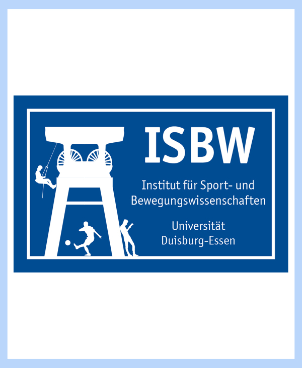 Logo des Sportinstituts als Sillhouette eines Förderturms mit Mensch der daran klettert, Mensch der angelehnt daran steht und ein Mensch, der davor Fußball spielt. In Blau und Weiß.