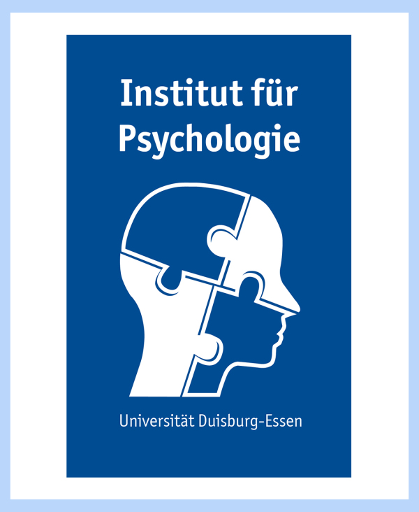 Logo des Instituts für Psychologie als Illustration eines Kopfes in der Seitenansicht, das aus 4 Puzzleteilen besteht. In weiß und blau.