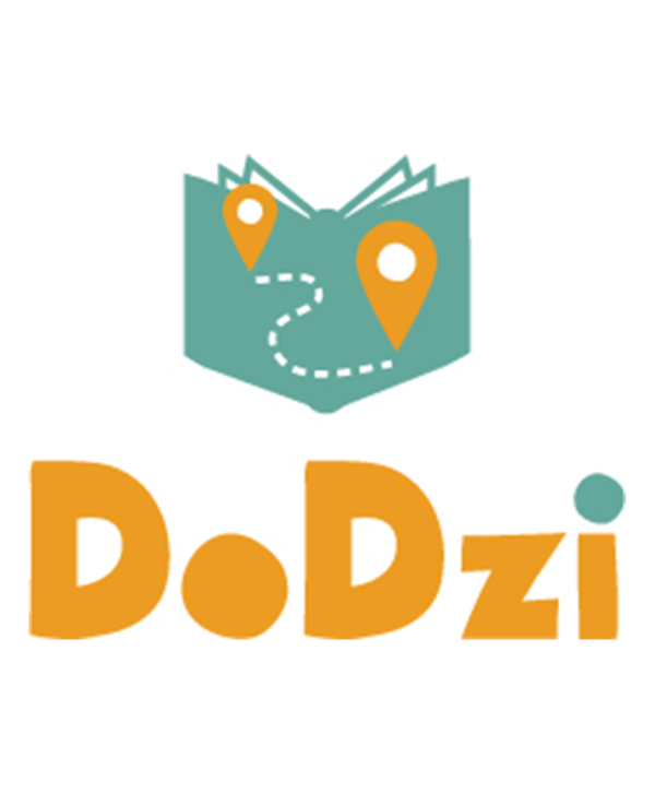 Illustration of the back cover of an open book that is turquoise and has two orange map location points connected by a dotted white squiggly line. Underneath is the word “DoDzi” in thick orange letters with a turquoise dot over the letter “I”.
