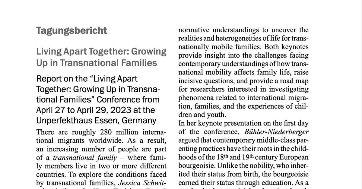 A preview of the Tagungsbericht (conference report) with the title "Living Apart Together: Growing Up in Transnational Families / Report on the "Living Apart Together: Growing Up in Transnational Families" Conference from April 27 to April 29, 2023 at the Unperfekthaus Essen, Germany"