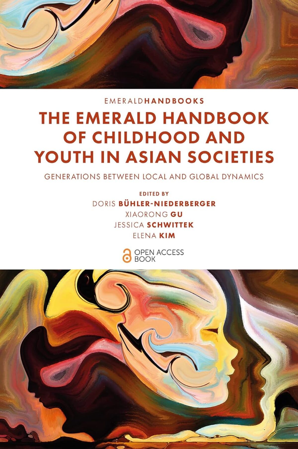A photo of a book cover with the title "THE EMERALD HANDBOOK OF CHILDHOOD AND YOUTH IN ASIAN SOCIETIES: GENERATIONS BETWEEN LOCAL AND GLOBAL DYNAMICS," the text "EDITED BY DORIS BÜHLER-NIEDERBERGER, XIAORONG GU, JESSICA SCHWITTEK, ELENA KIM" and an abstract painting as the cover illustration.'