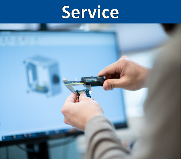 A blue bar with the heading Services. Below it is a picture of a person measuring a square component with a caliper. In the background, the component is displayed on a computer screen in a CAD program.