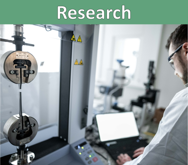 A green bar with the heading Research. Below it, a picture of a person standing in front of a tensile testing machine and analyzing a material sample. 