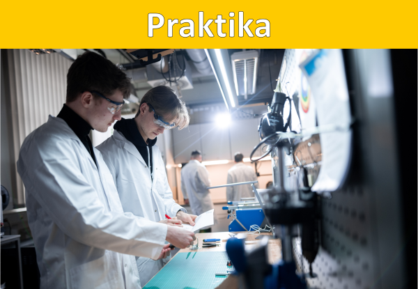 Ein gelber Balken mit der Überschrift Praktika. Darunter ein Bild von zwei Personen die mit Laborkittel und Schutzbrille an einer Werkbank arbeiten.
