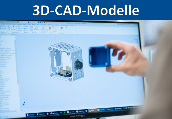 '3D-CAD-Modelle' in weißer Schrift auf blauem Balken; im Hintergrund ein CAD-Modell am Bildschirm, im Vordergrund unscharf eine Hand mit physischem Bauteil.
