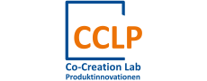 In oranger Schrift steht "CCLP" auf weißem Hintergrund mit einem blauen Rahmen darunter steht in blau " Co-Creation Lab Produktinnovationen"