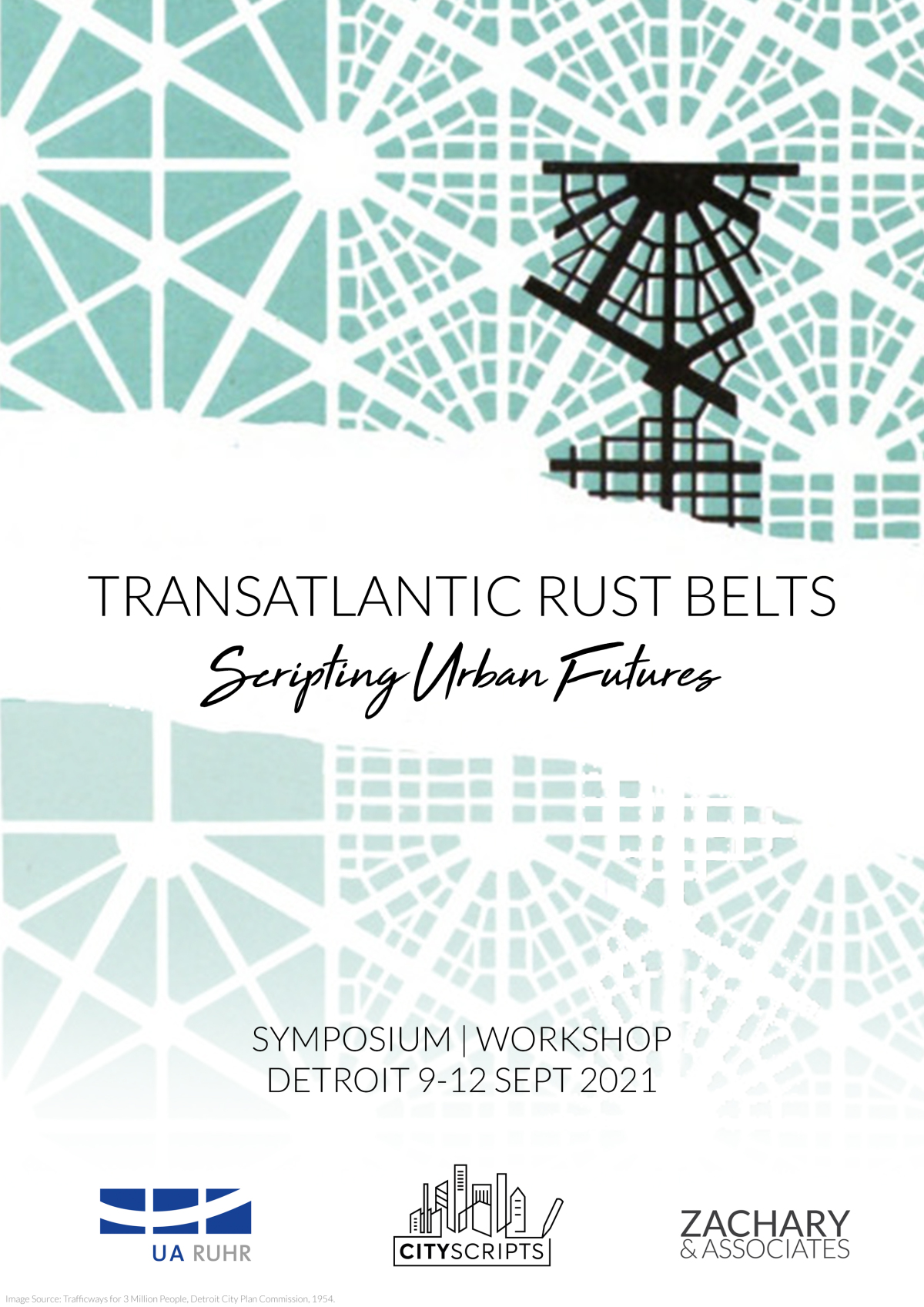 Poster for Symposium called Transatlantic Rust Belts - Scripting Urban Futures. The poster shows triangular and hexagonal shapes that make up the streets of Detroit.a building plan of the city of Detroit from 1954 which mostly 