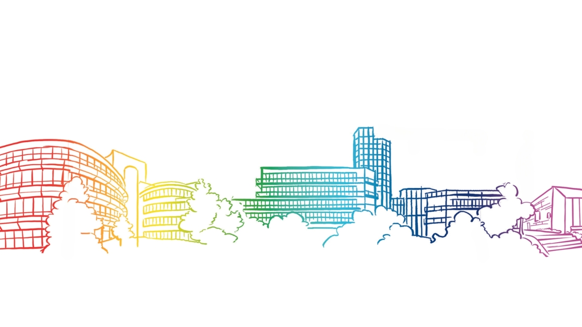 Auf weißem Grund ist die Universität als linierte Skyline in Regenbogenverlauf eingefärbt dargestellt.