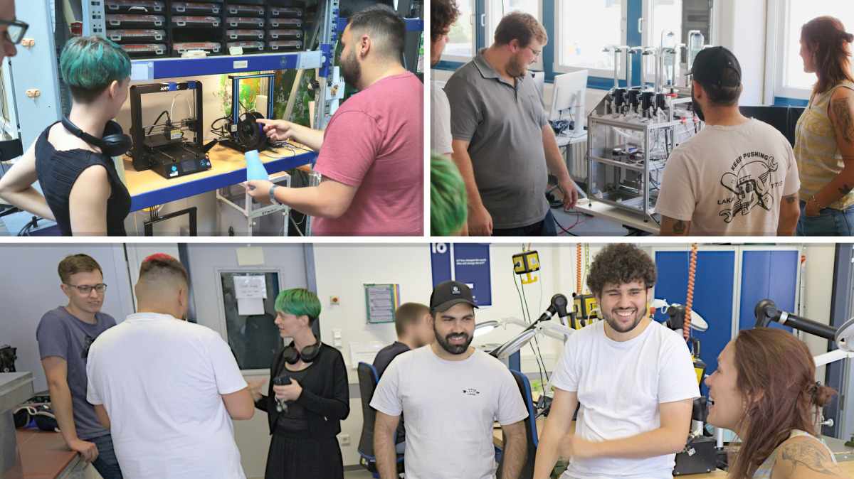 Eine Collage von Fotos, die bei den gegenseitigen Besuchen von FabLab Lothar und IoT-Garage entstanden sind