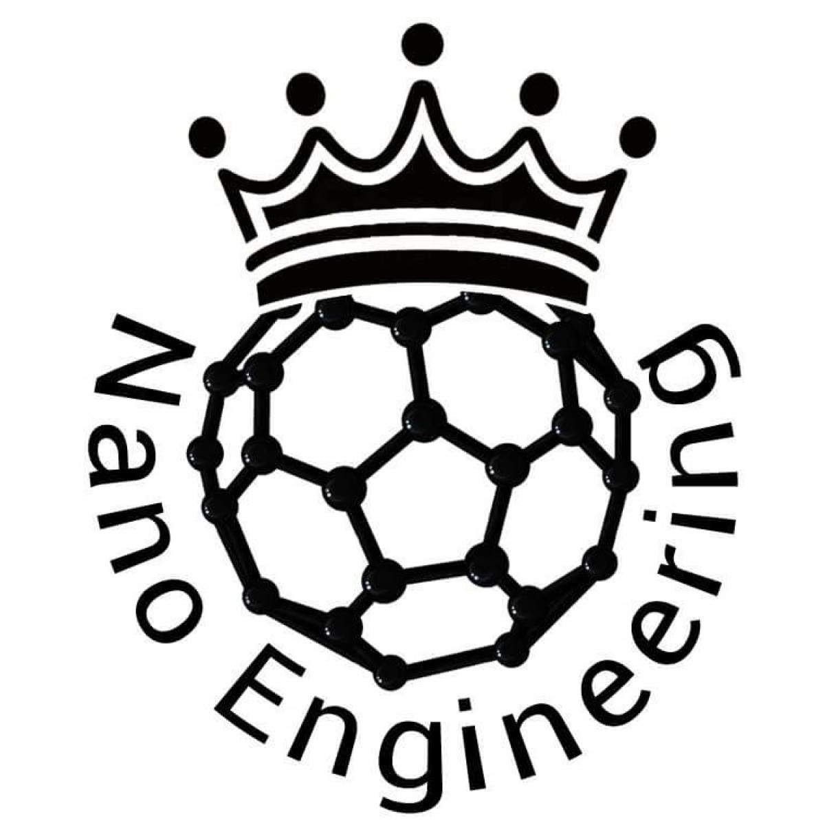 Ein Bild von einem C60 Fulleren mit einer aufgesetzten Krone und unterstehendem gekrümmten Text "NanoEngineering".