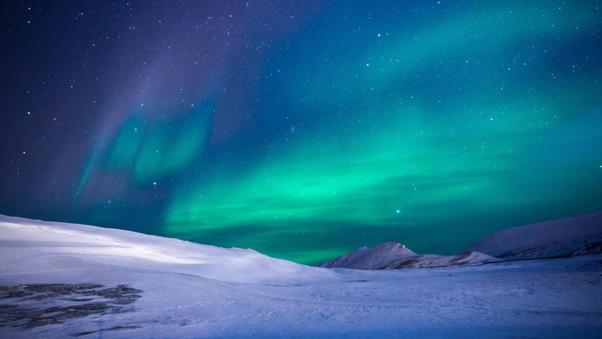 Auf dem Bild ist ein Nordlicht am dunklen Himmel über einer schneebedeckten Landschaft zu sehen.