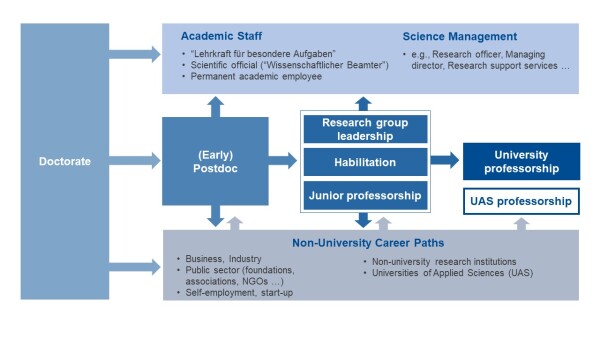 The image shows career paths after the doctorate in academia and beyond