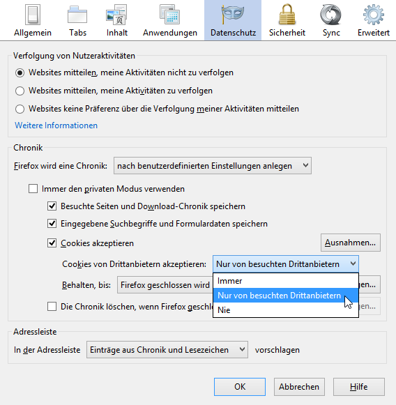 Cookies von Drittanbietern akzeptieren - nur von besuchten Drittanbietern