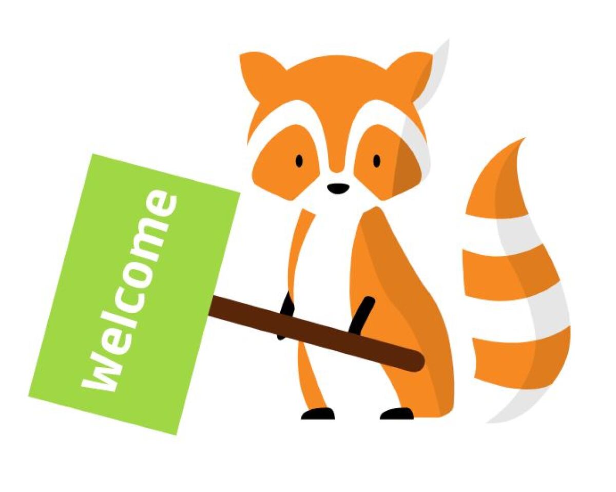 ein oranger Waschbär, im Cartoon-Style, der ein Schild "Welcome" in der Hand hält.