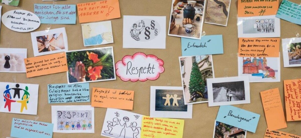 Pinnwand mit unterschiedlichen Fotos und beschriebenen bunten Karten. In der Mitte ist eine Wolke mit dem Wort Respekt angepinnt.