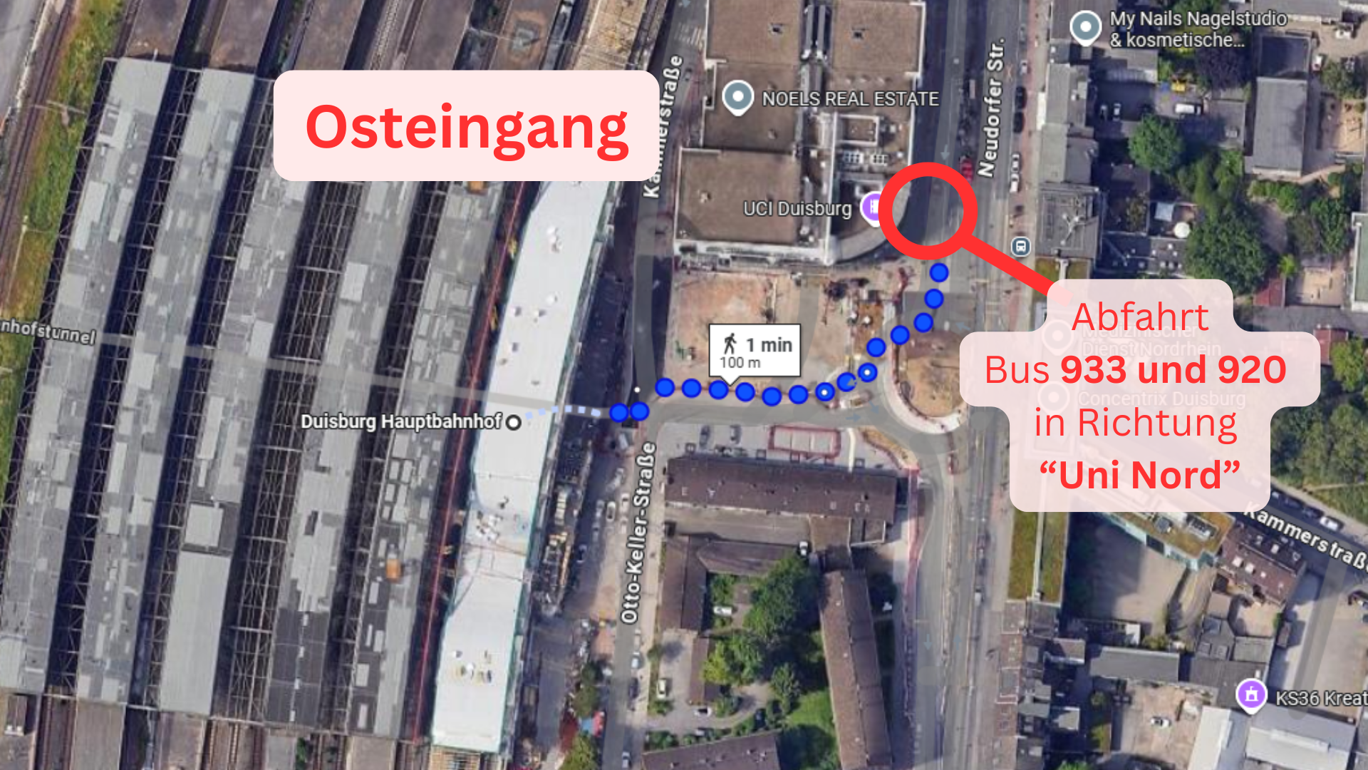 Vom Duisburg Hauptbahnhof Ostausgang ist die Bushaltestelle nach 100 Metern links beim UCI Kino. Von dort aus den Bus 933 in Richtung Universität nehmen.