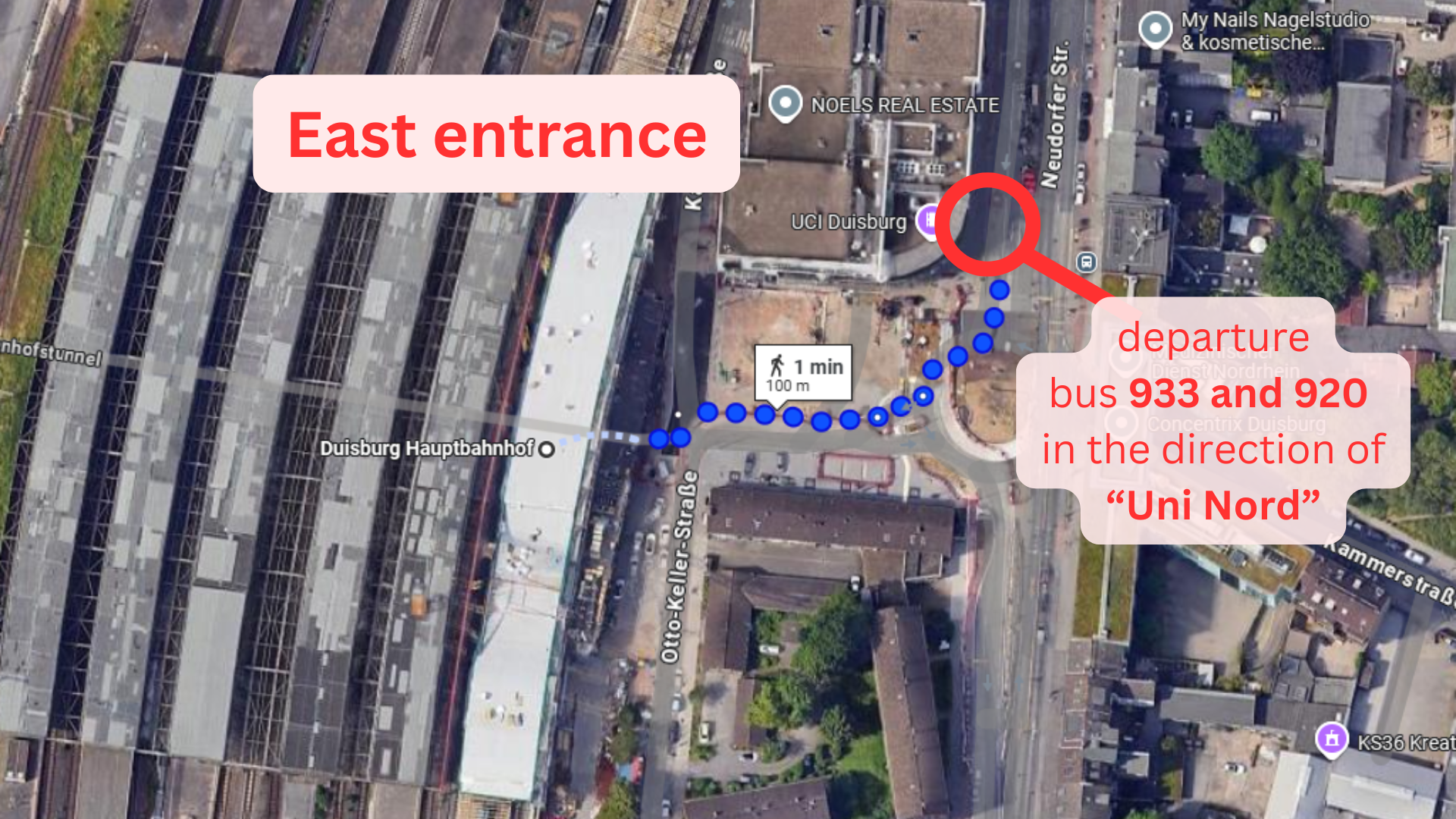 From the east exit of Duisburg Central Station, the bus stop is 100 meters away on the left side in front of the UCI cinema. From there, take bus 933 towards the university.
