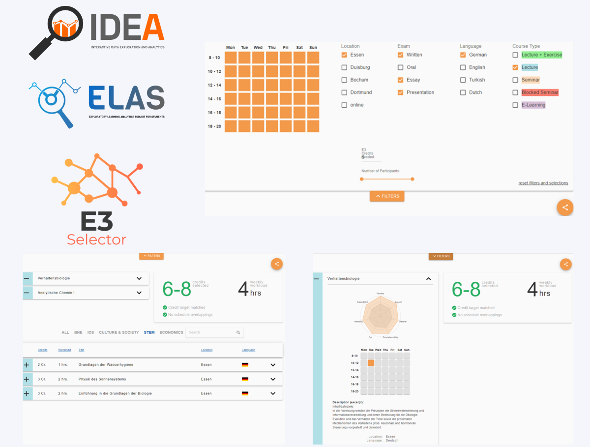 A dashboard from the IDEA, ELAS, E3Selector project, showing a timetable and further information about study courses