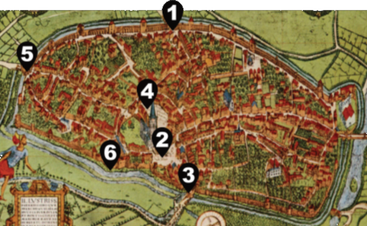 Corputius Plan (Karte der Stadt Duisburg, 1566) in dem 6 Stationen einer Educache-Route eingezeichnet sind