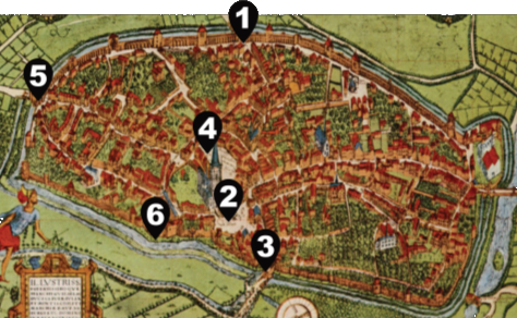 Corputius Plan (Karte der Stadt Duisburg, 1566) in dem 6 Stationen einer Educache-Route eingezeichnet sind