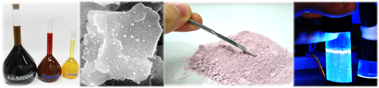Research Topic of the junior research group. From left to right: A picture of colloids from gold and silver, REM-pictures from supported nanoparticles, a photograph of the same grey powder, a photograph of uv-luminescence of a colloid.