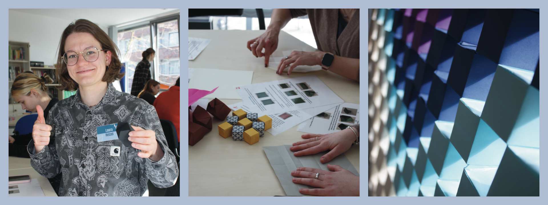 Zu sehen sind drei zusammengefügte Bilder, auf denen Besucherinnen und Mitarbeiterinnen Origami-Würfel falten.