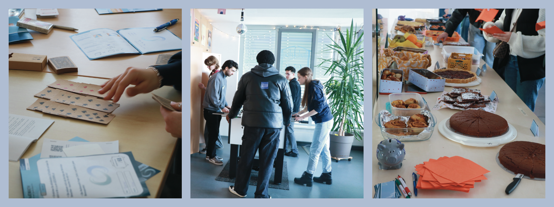 Drei Bilder zeugen verschiedene Programmpunkte: das Buffet, Kickern mit unseren Student:innen und unser Workshop zu Kartentricks