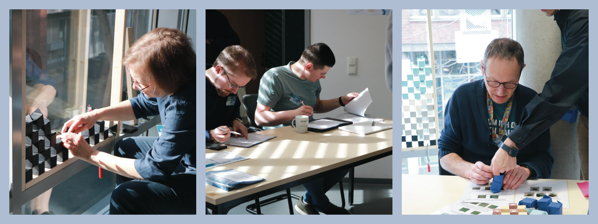 In drei Bildern sieht man die Auswertung unserer Quizbögen, wie Besucherinnen unser 3D-Faltwerk besuchen und eine Mitarbeiterin, die selbstgeschaffenen Origamiwürfel in einen Rahmen einpasst.