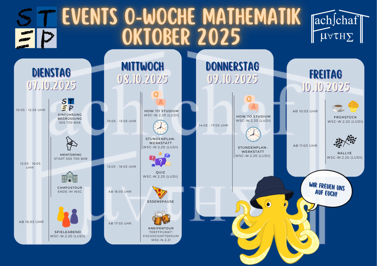 Grafische Darstellung der verschiedenen Veranstaltungen zur Orientierungswoche der Fakultät für Mathematik als Stundenplan für den Zeitraum 07.10. bis 10.10. 