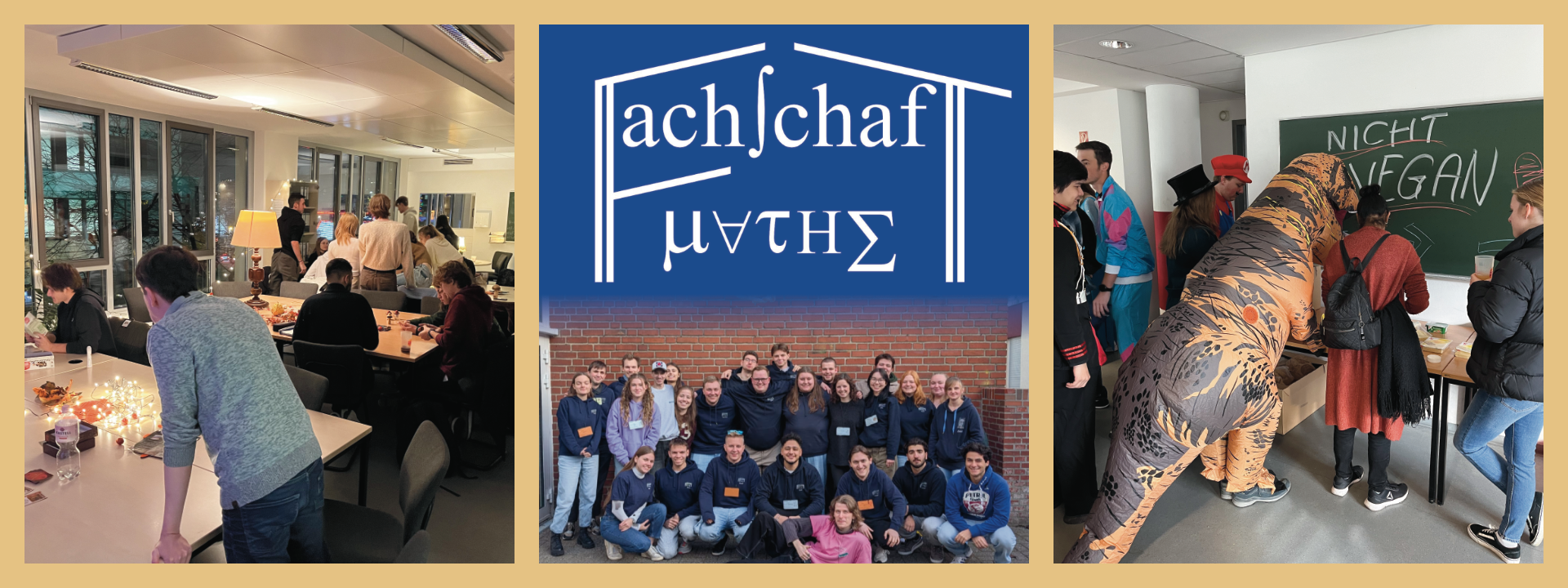 Gezeigt werden drei Bilder auf denen das Logo der Fachschaft Mathematik und Eindrücke ihrer Arbeit zu sehen sind.